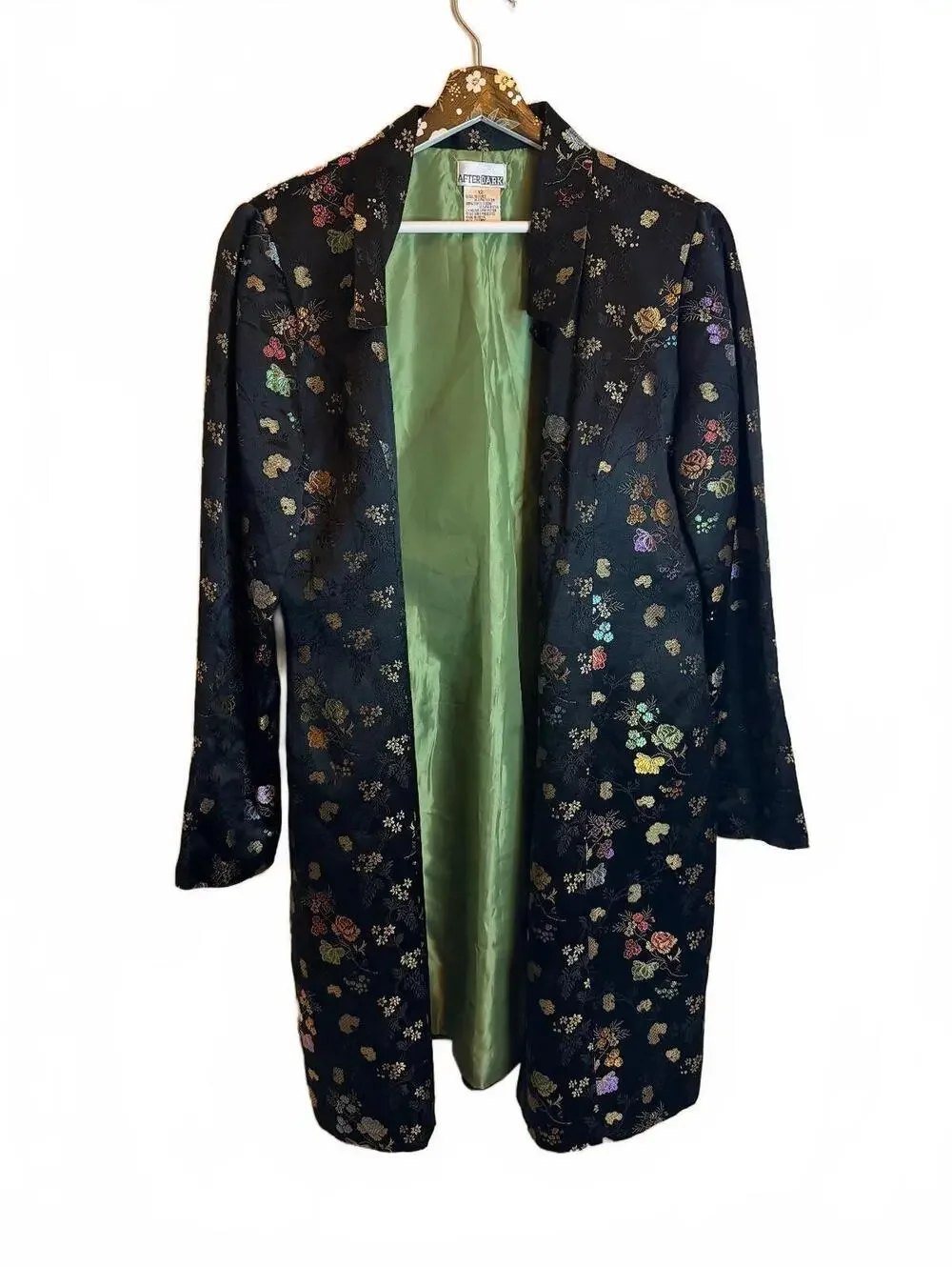 Black Floral Brocade Coat Silk Blend Chinoiserie Evening Formal Jacket Size L